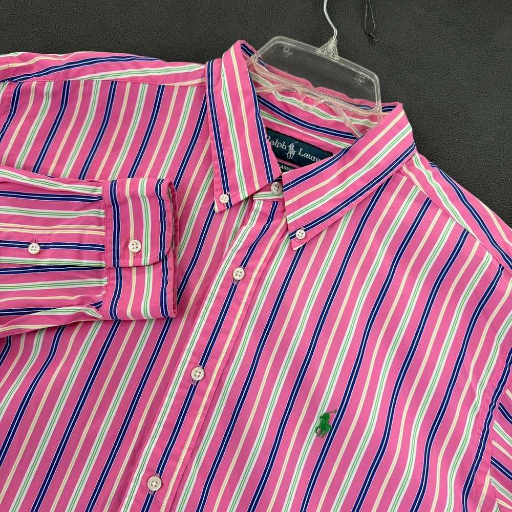 Ralph Lauren Mens XXL Classic Fit Striped Button Down Shirt Pink Blue Green